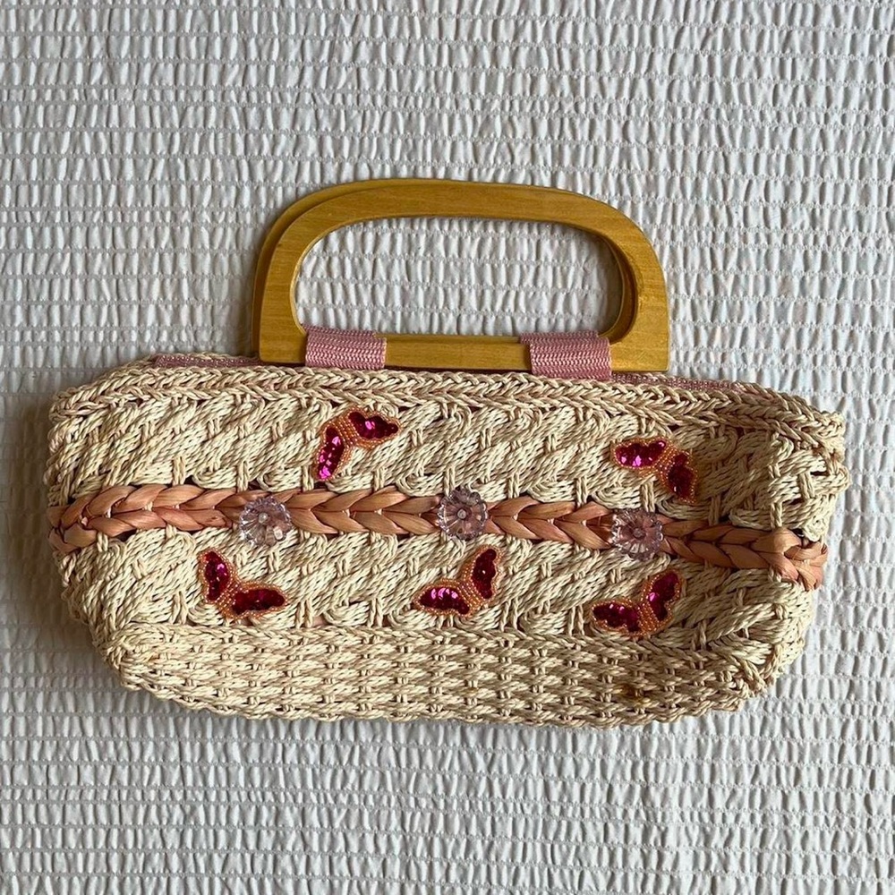Coquette Y2K Straw Tote Floral Appliqué Butterfly Beads Vintage EUC